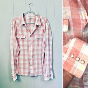 Faherty 100% Organic Cotton Plaid Shirt Western Pearl Snap Salmon Pink White XXL